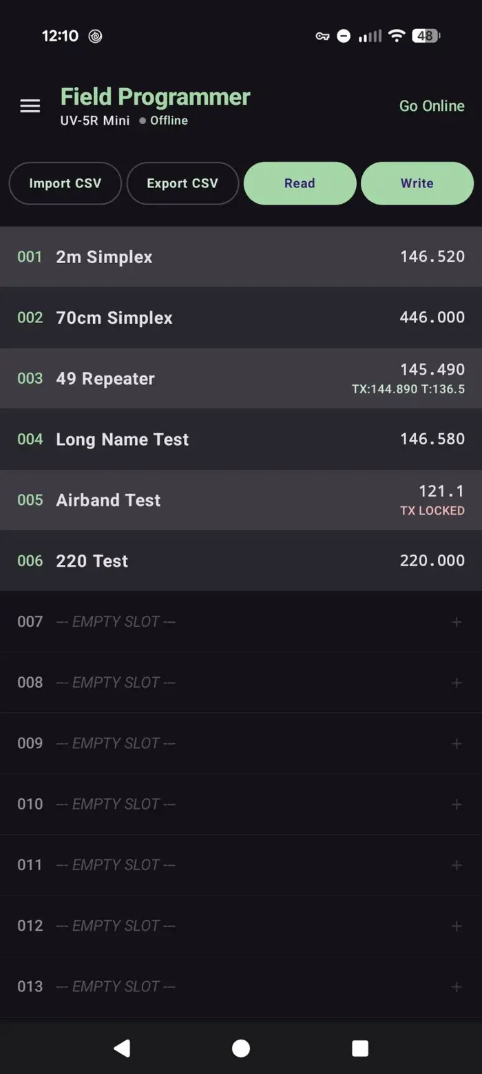 Field Programmer channel list with read and write controls and programmed radio frequencies
