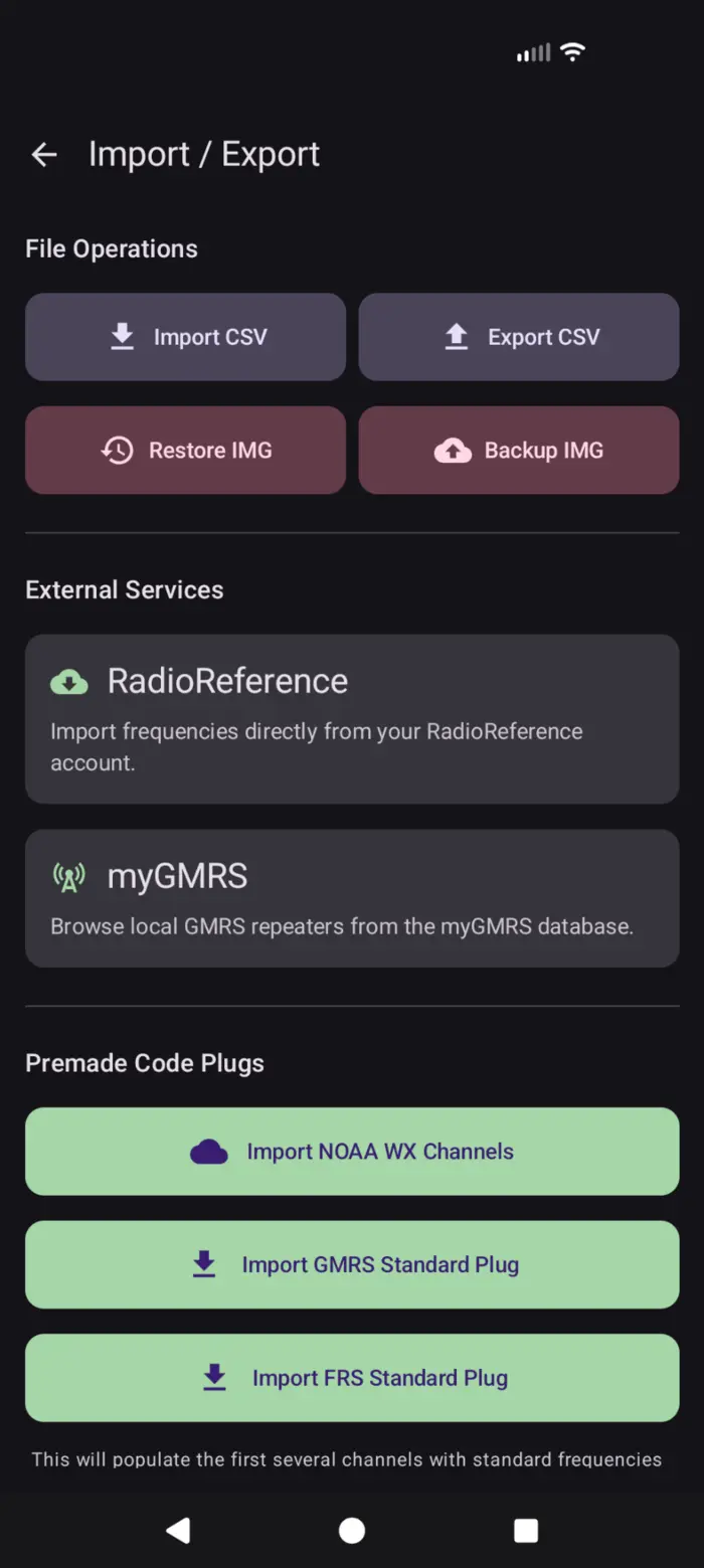 Field Programmer Import and Export screen with CSV, RadioReference, myGMRS, and premade codeplug options